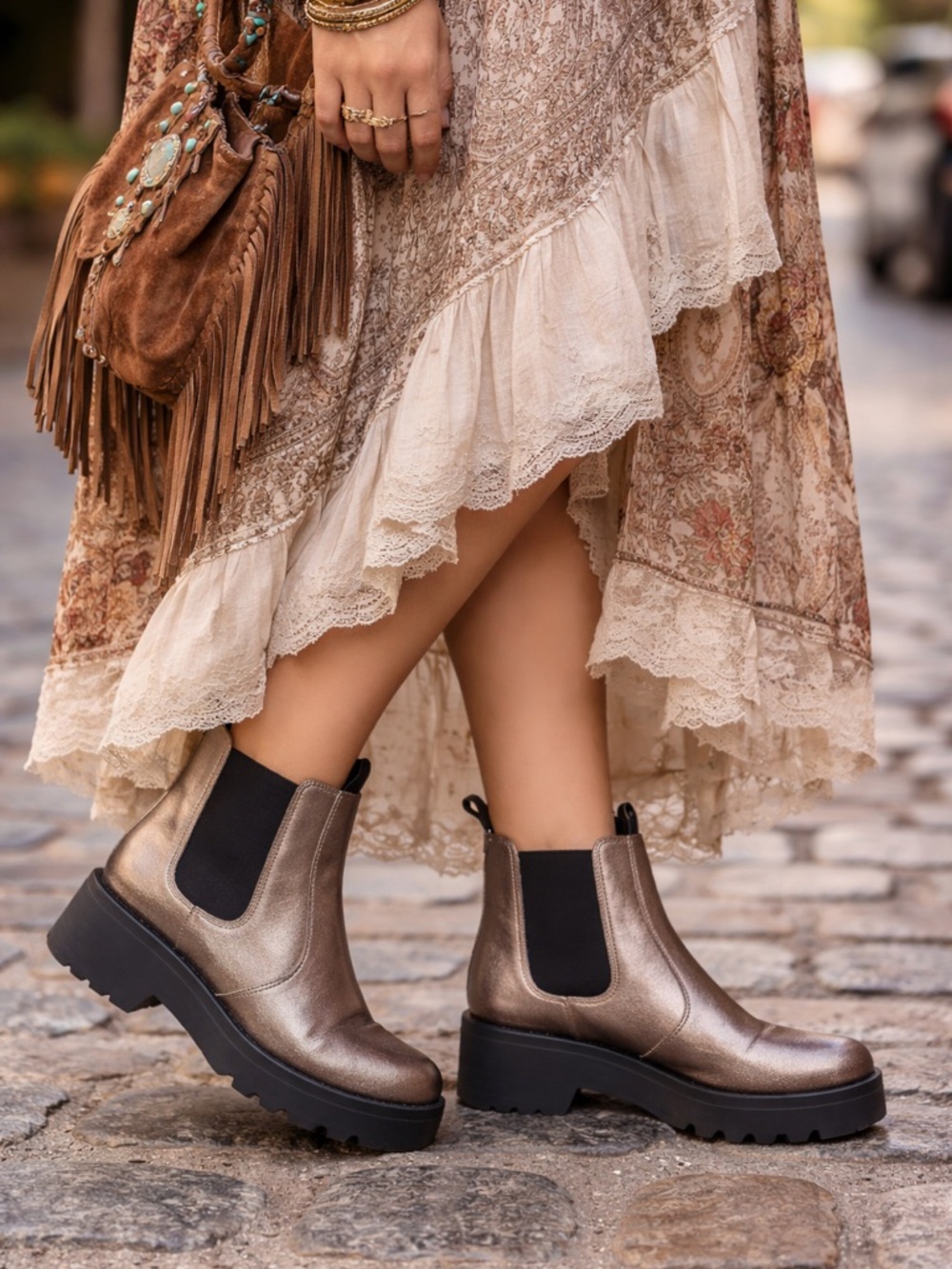 Fly London Metallic Bronze Chelsea Lug Booties